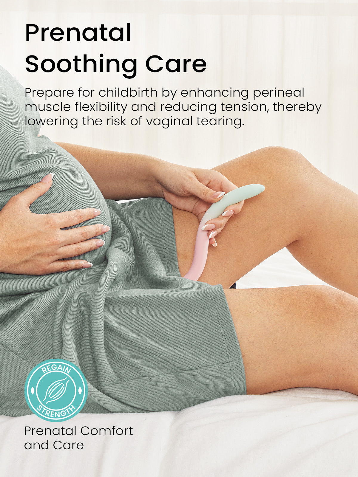 Pregnant person using dual-ended perineal massage wand for prenatal care to reduce tearing risk.