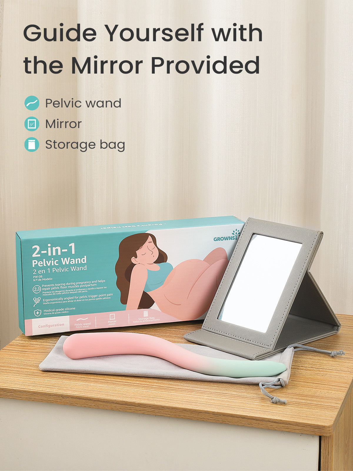 Dual-ended pink and mint green perineal massage wand, packaging, and mirror for labor and postpartum pelvic floor care.