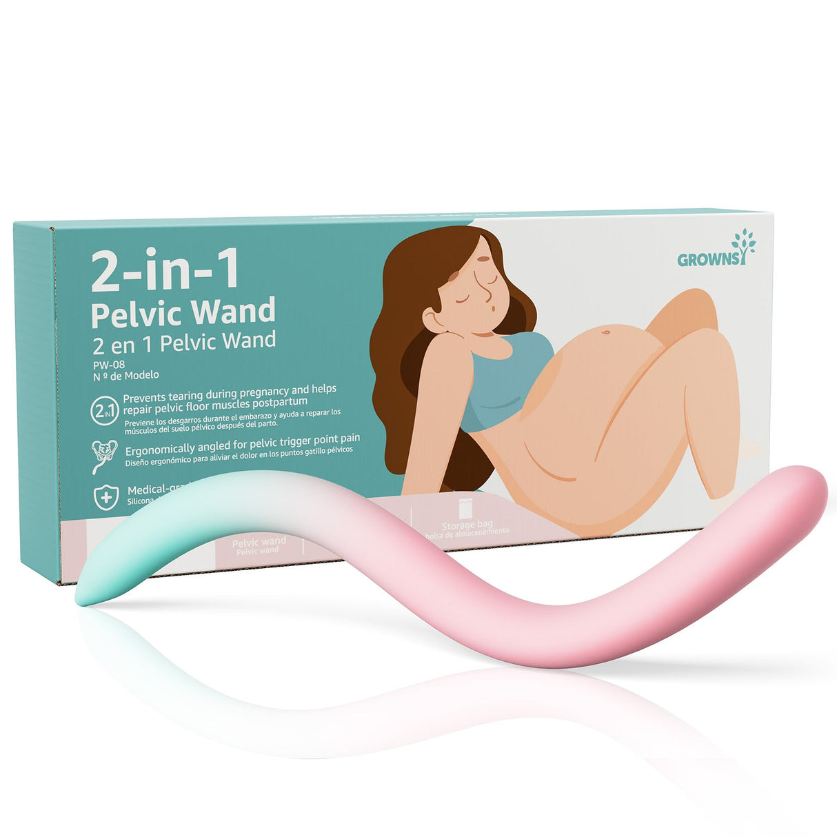 2-in-1 Pelvic Wand: pregnancy & postpartum recovery aid. Teal-pink gradient wand with benefit-illustrated box.
