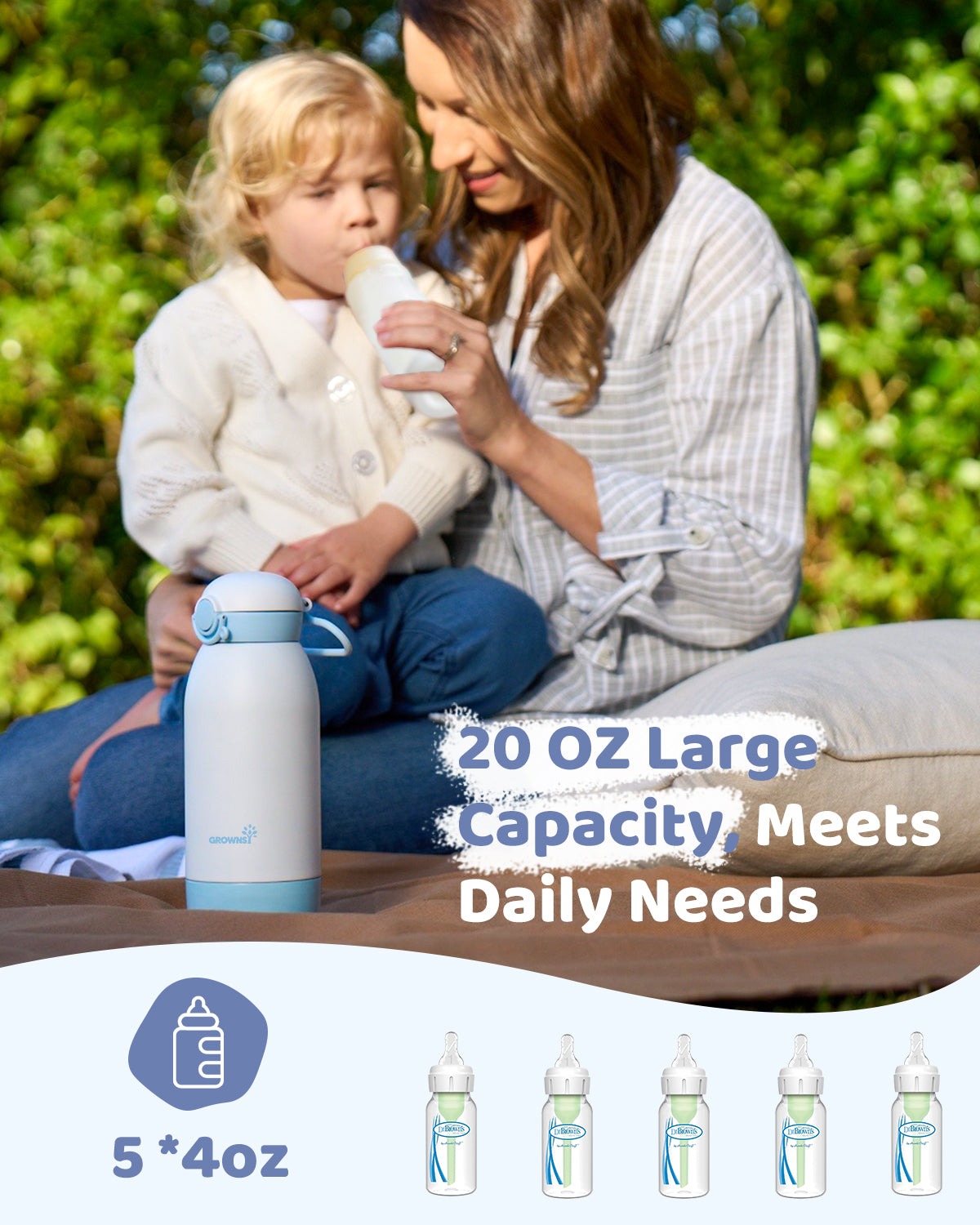 White and light blue portable baby bottle warmer with large 20oz capacity on a picnic blanket, as mom feeds child outdoors.