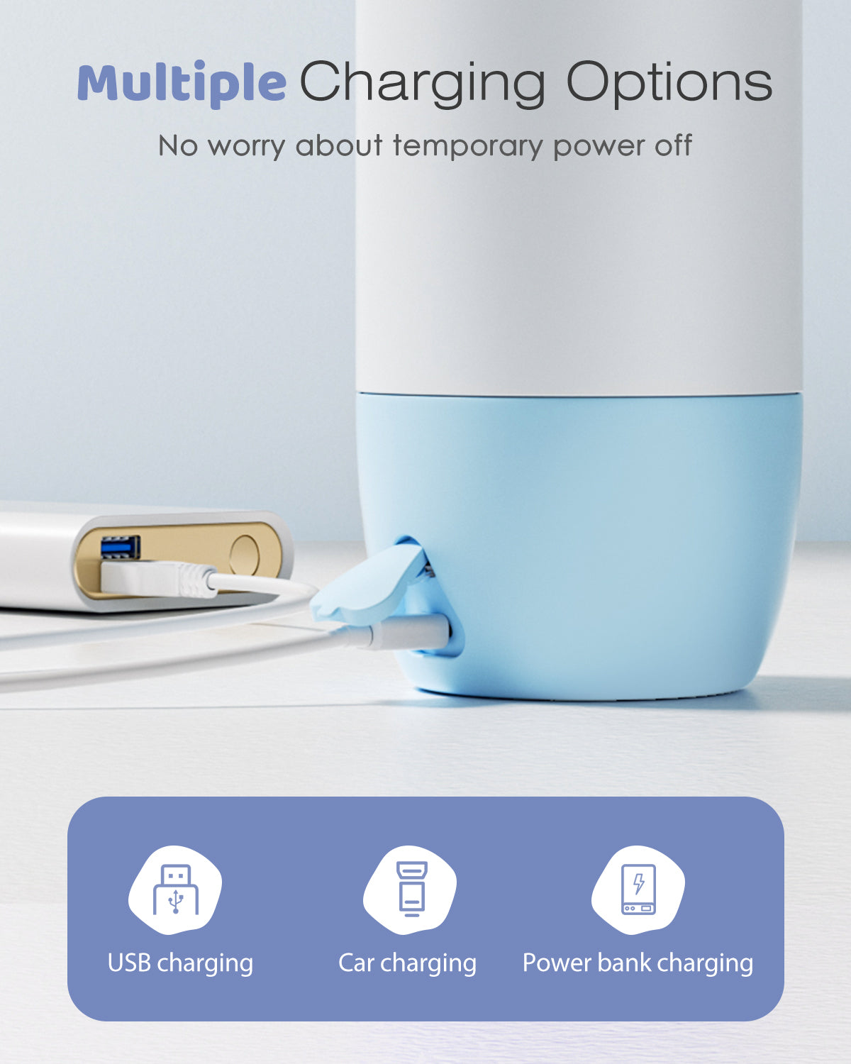 White and blue portable baby bottle warmer charging via USB power bank, demonstrating versatile charging options.