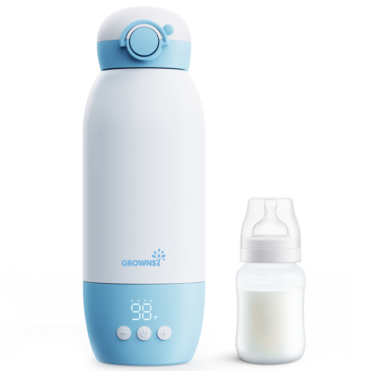 White and light blue portable baby bottle warmer with 98°F display beside a milk-filled baby bottle.