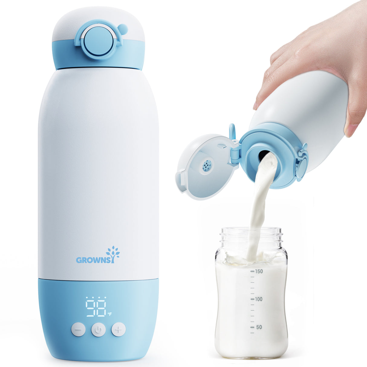 Portable baby bottle warmer (white/blue) with 98°F display, pouring milk into bottle for on-the-go feeding.