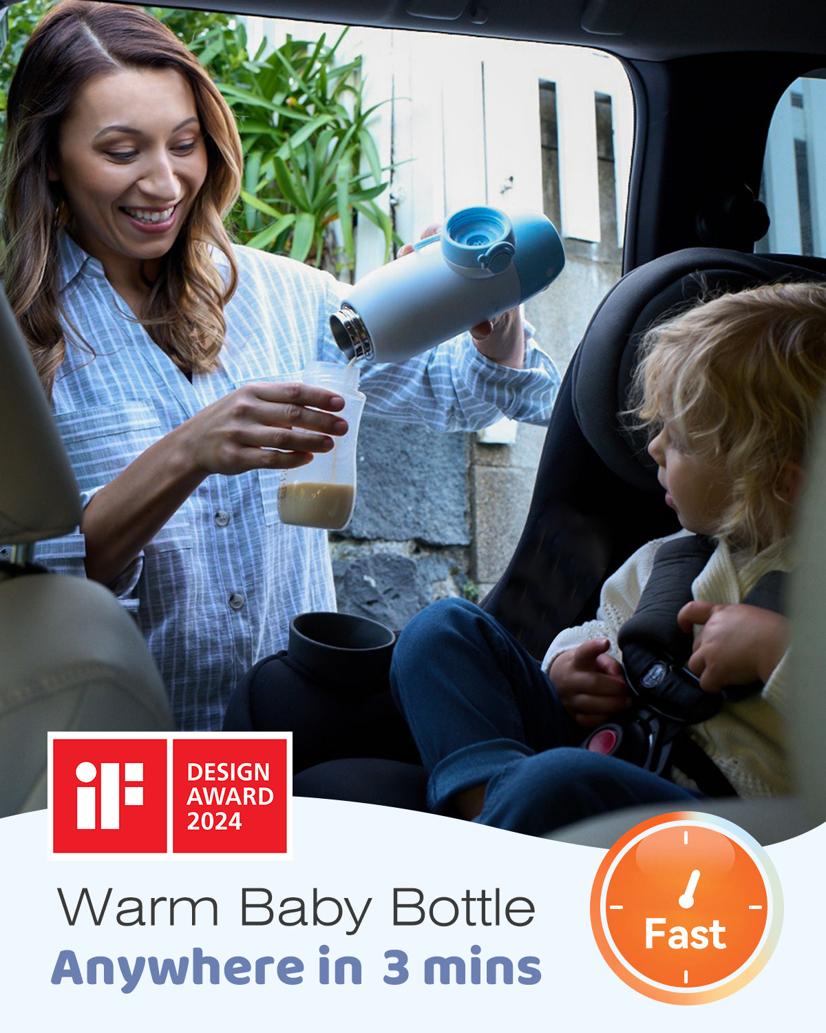 Smiling mom pours warm milk from white and blue portable baby bottle warmer into bottle for toddler in car seat.