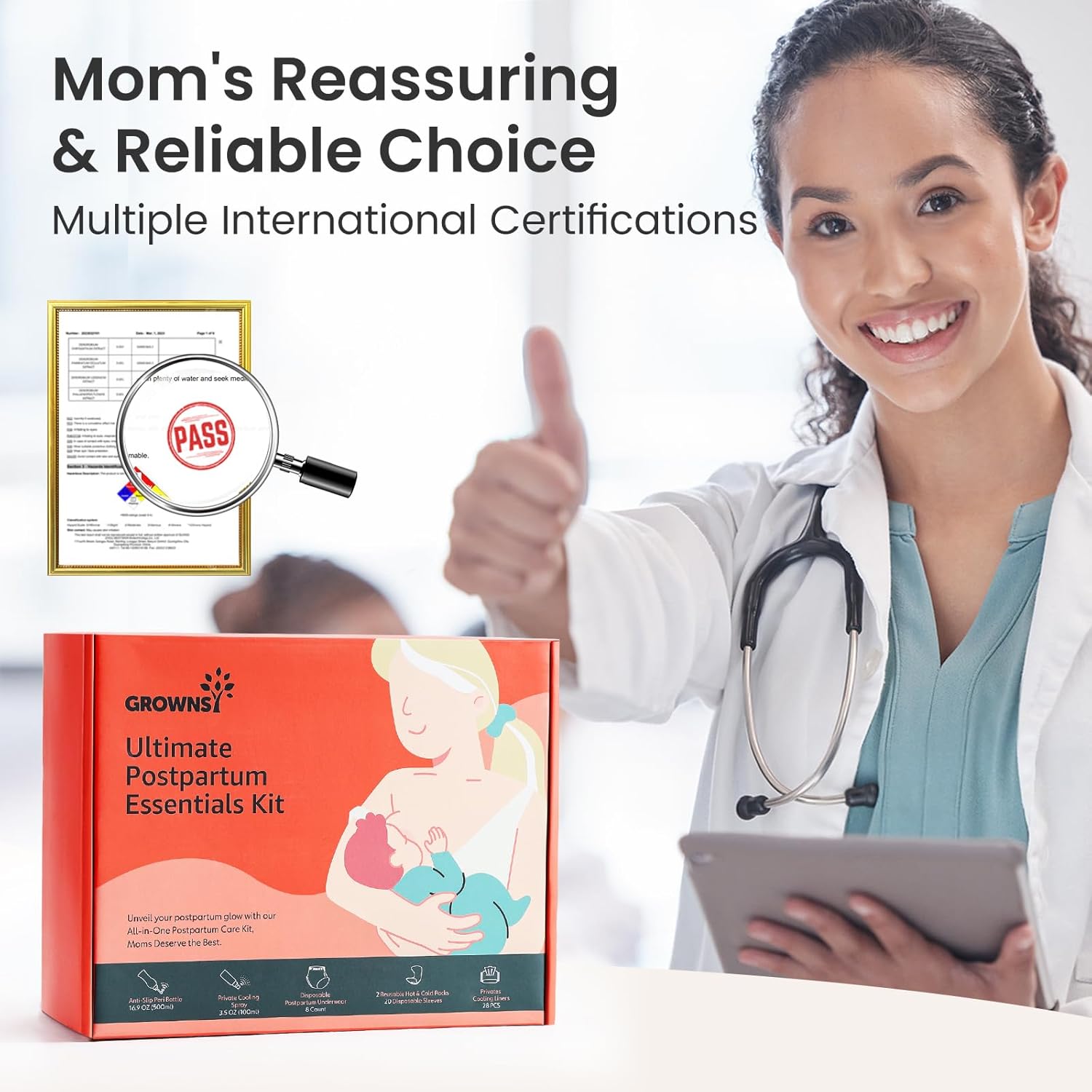 Doctor approves GROWNSY Postpartum Essentials Kit, highlighting international certifications for mom's reliable choice.