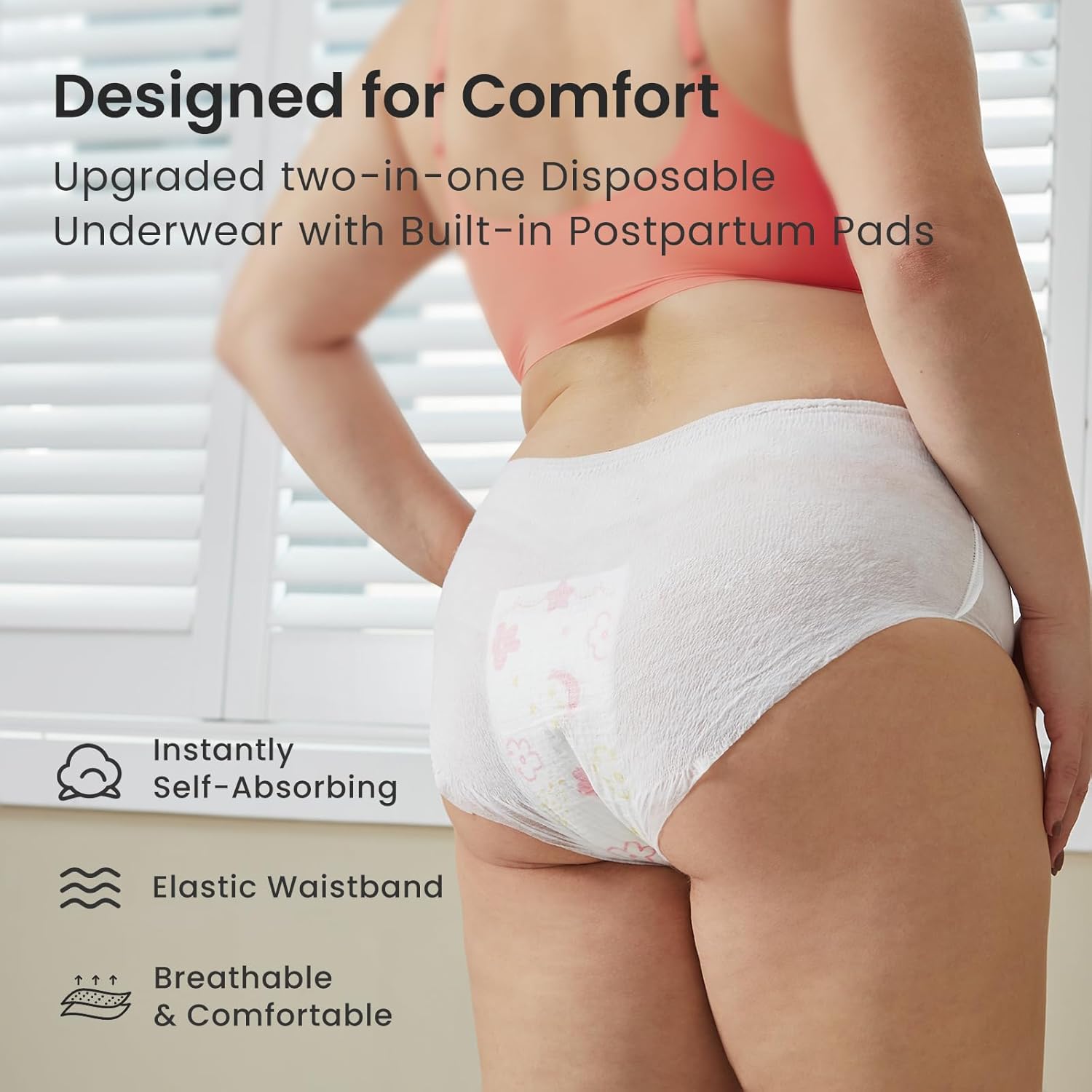 Woman modeling white postpartum disposable underwear with built-in absorbent pad, elastic waistband, and breathable design.