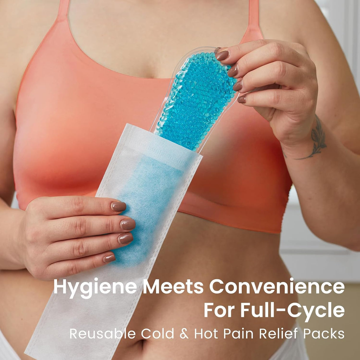 Woman inserting blue reusable hot/cold pack into white disposable sleeve for postpartum pain relief.