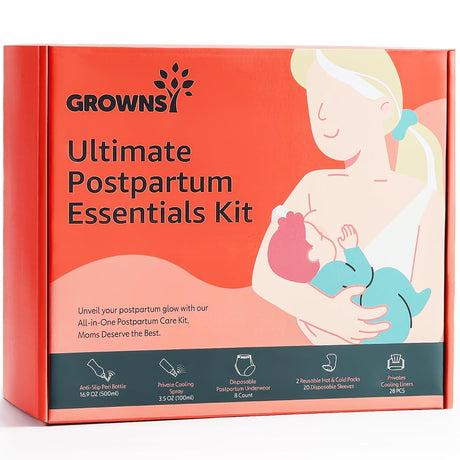 GROWNSY Postpartum Essentials Kit: peri bottle, cooling spray, underwear, hot/cold packs, cooling liners.