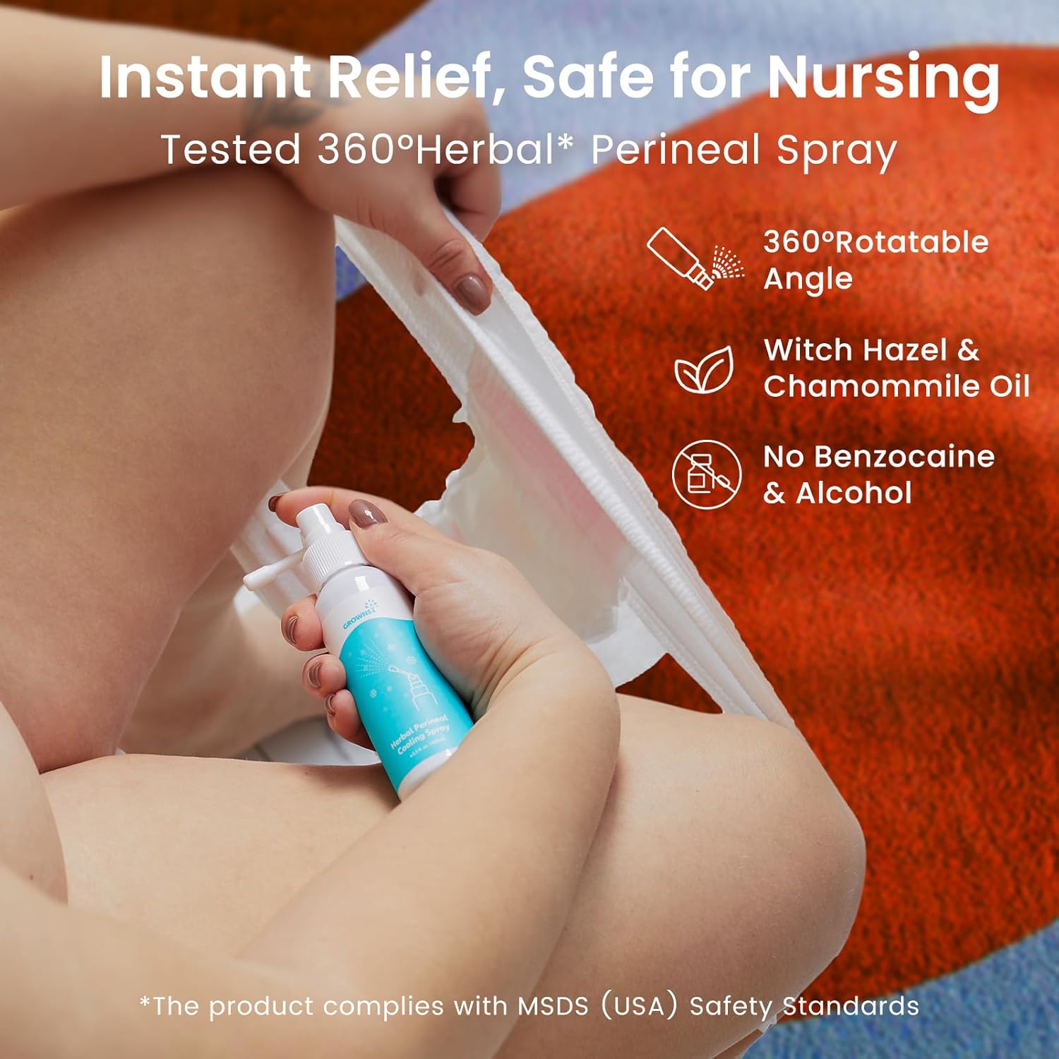 Woman using GROWNSY 360° Herbal Perineal Spray for postpartum relief, featuring witch hazel & chamomile oil.
