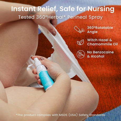 Woman using GROWNSY 360° Herbal Perineal Spray for postpartum relief, featuring witch hazel & chamomile oil.
