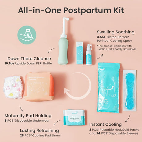 GROWNSY postpartum kit: peri bottle, cooling spray, 8 underwear, 28 cooling liners, 2 hot/cold packs with sleeves.
