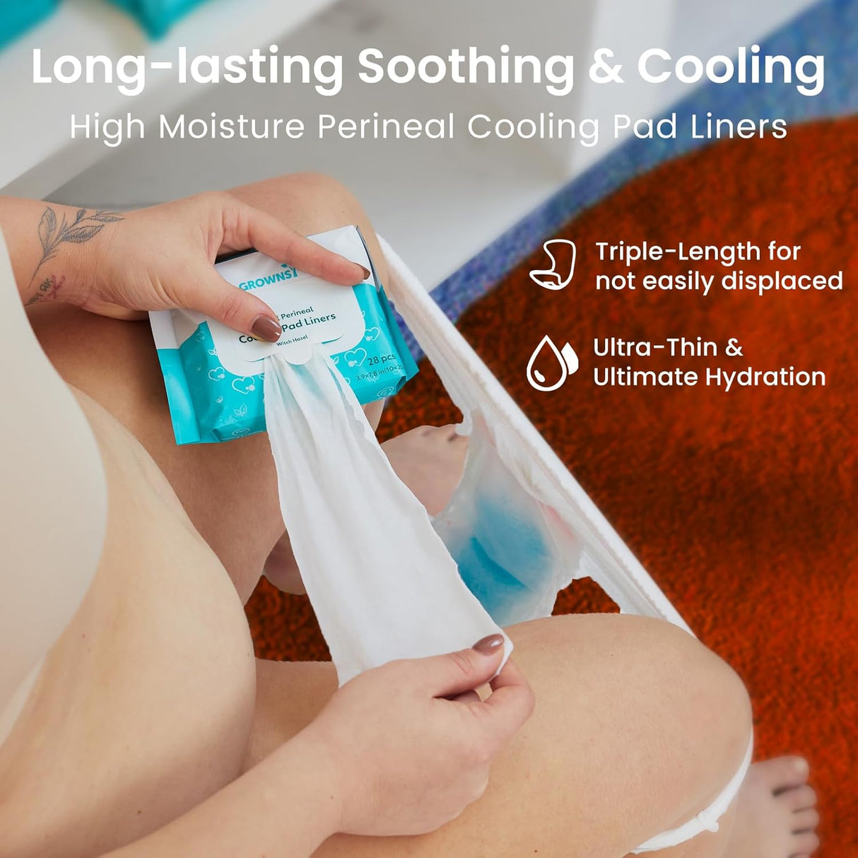 Woman holding GROWNSY Perineal Cooling Pad Liners package, ultra-thin for soothing postpartum relief.