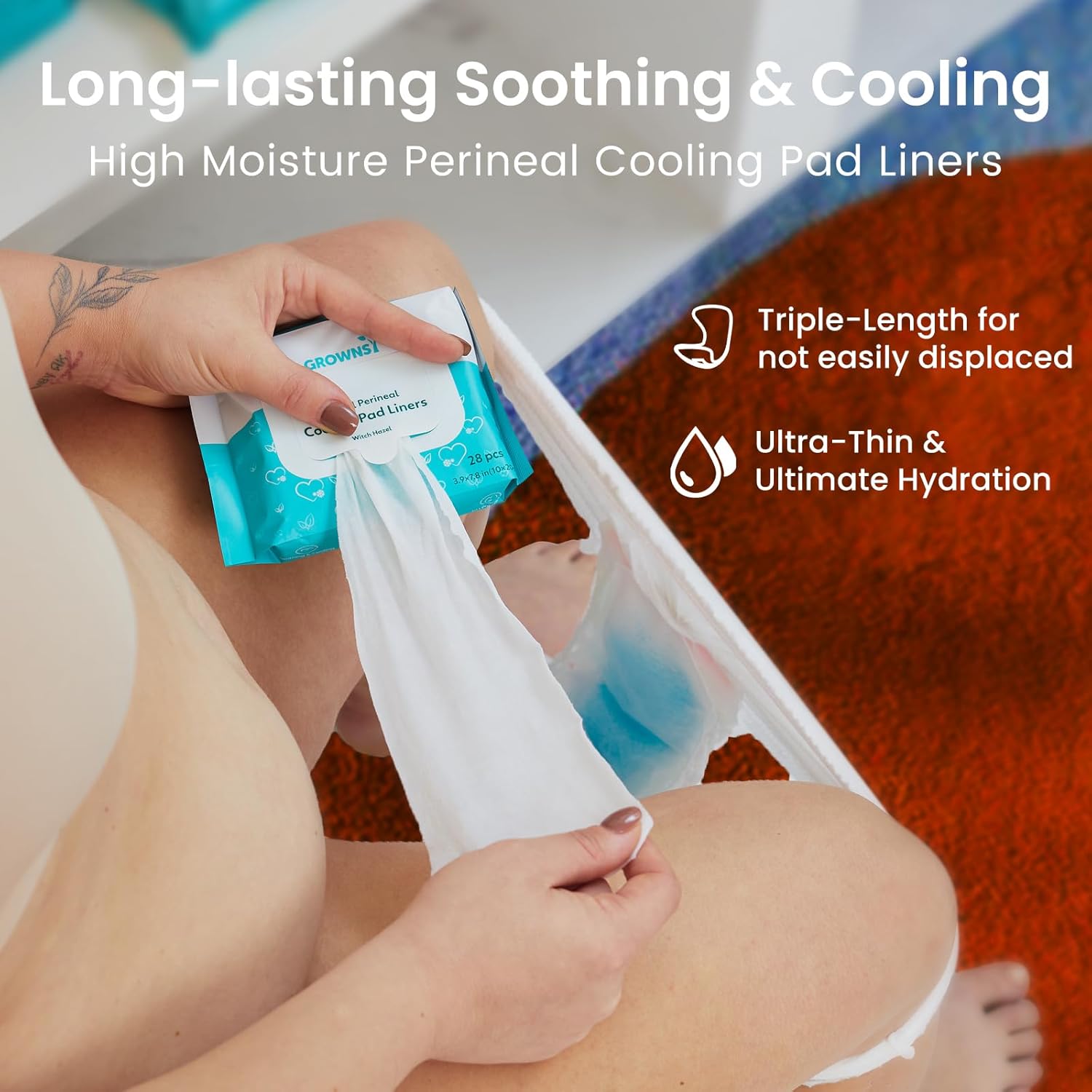 Woman holding GROWNSY Perineal Cooling Pad Liners package, ultra-thin for soothing postpartum relief.