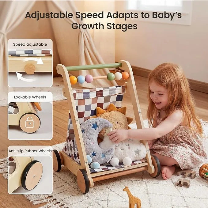 GROWNSY Wooden Baby Walker with Wheels Adjustable Speed, Baby Push Walker with Detachable Busy Board 7 Different Montessori Toys, Baby Gifts & New Parents Gifts for Boys & Girls (Wood Color)