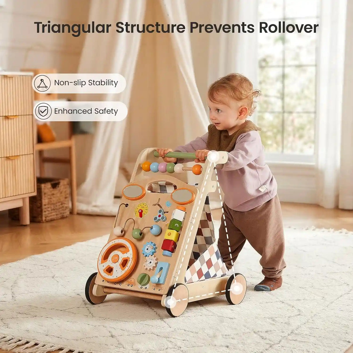 GROWNSY Wooden Baby Walker with Wheels Adjustable Speed, Baby Push Walker with Detachable Busy Board 7 Different Montessori Toys, Baby Gifts & New Parents Gifts for Boys & Girls (Wood Color)