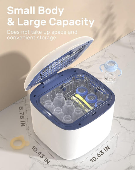 PureRay white & blue UV sanitizer open, showing baby bottles inside. Dimensions 8.78x10.43x10.63 IN.