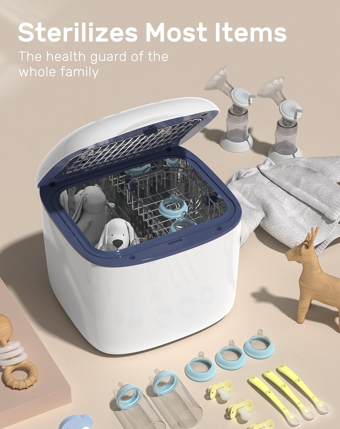 PureRay white and blue UV sanitizer with baby items inside. Sterilizes bottles, pacifiers, toys for family safety.