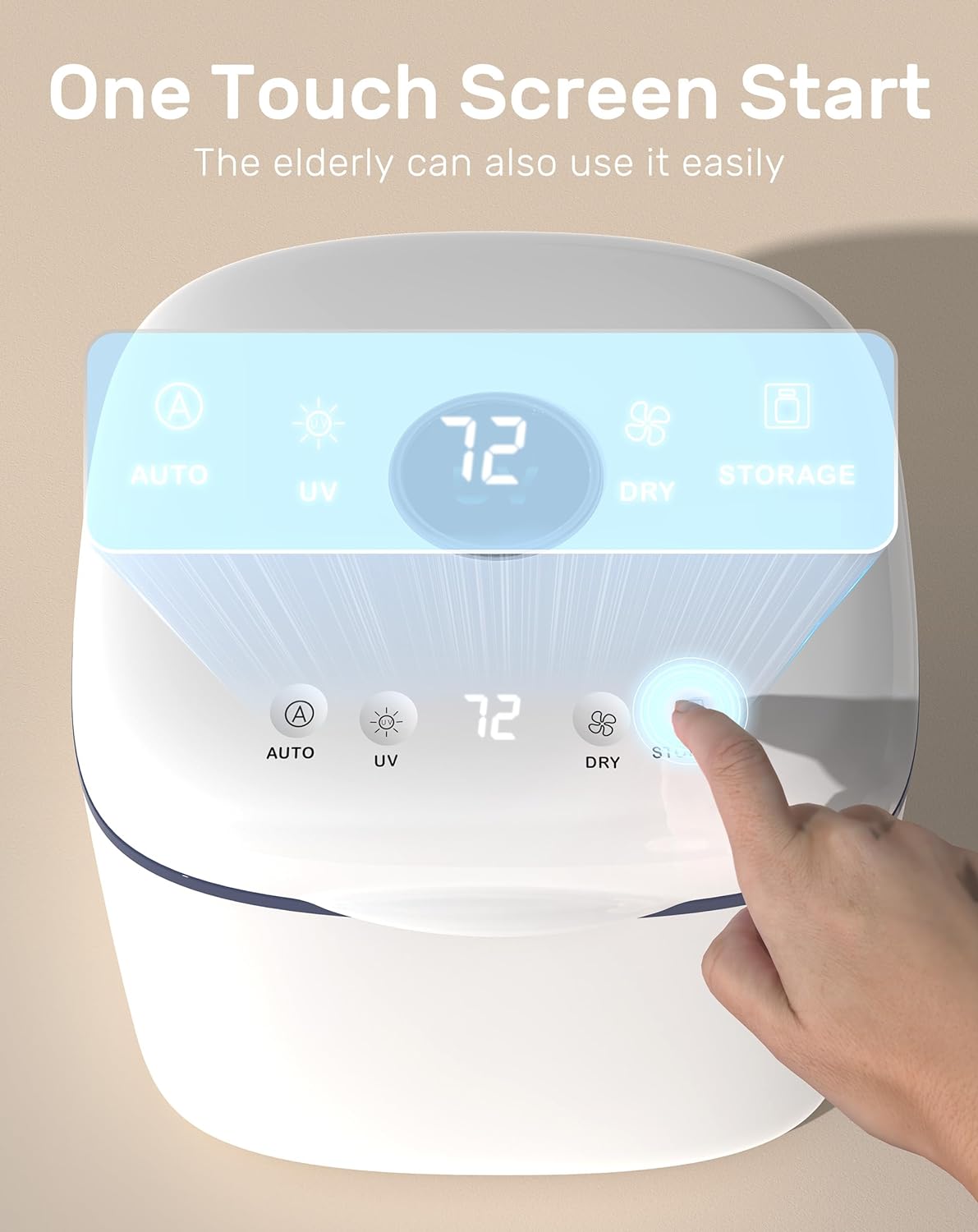 PureRay UV sanitizer: Finger presses START on digital display with AUTO, UV, DRY, STORAGE modes. Easy one-touch operation.