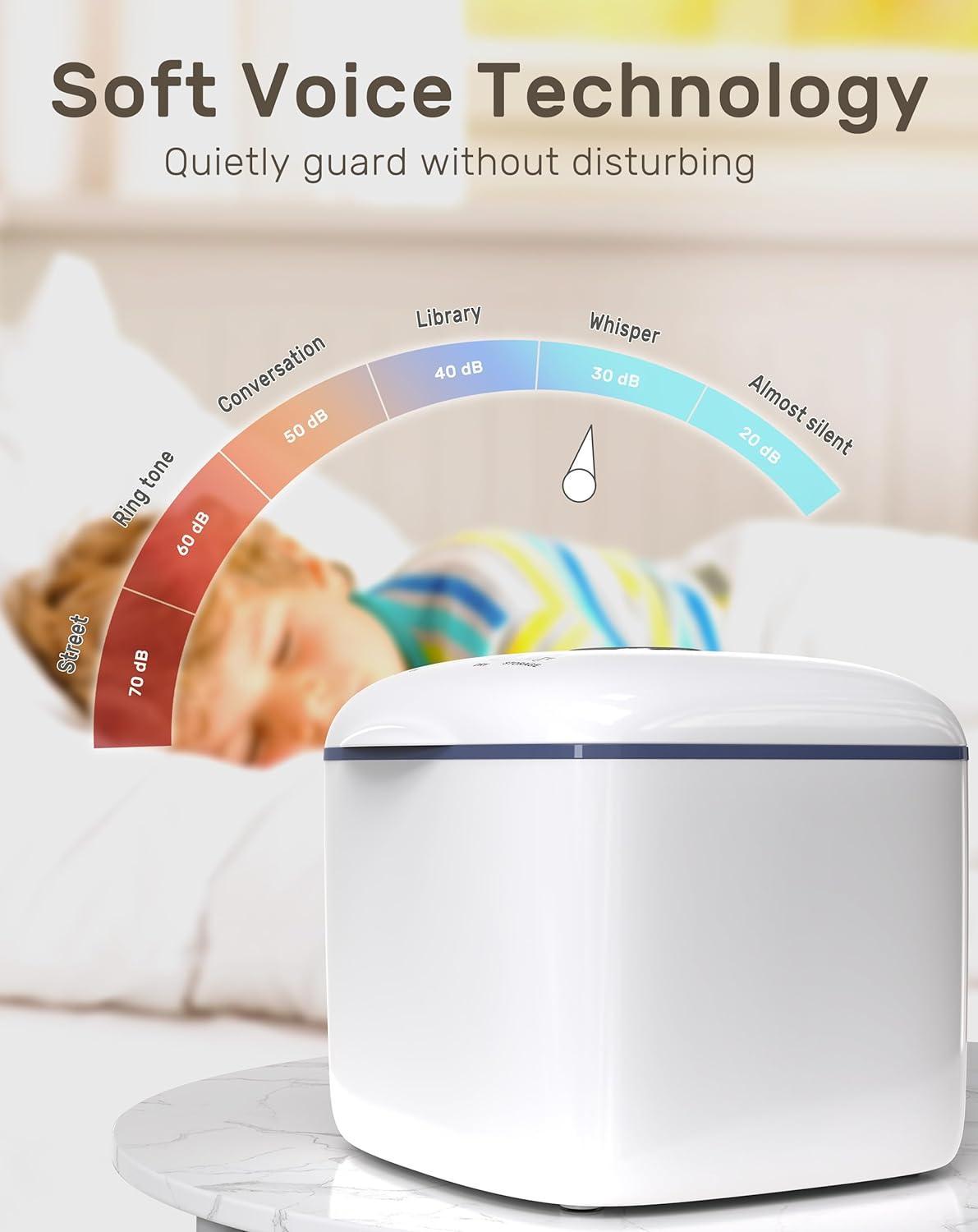 PureRay UV sanitizer with soft voice technology graphic showing quiet operation near sleeping child.