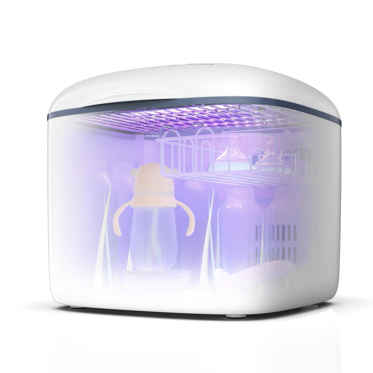 White and blue PureRay UV sanitizer open, showing baby bottles and small items inside being sanitized by purple UV light.