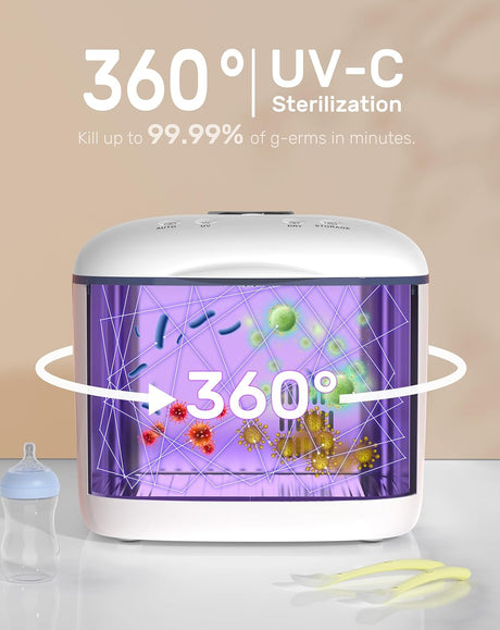 PureRay UV Sanitizer with 360° UV-C sterilization graphic killing germs, includes baby bottle and spoons on counter.