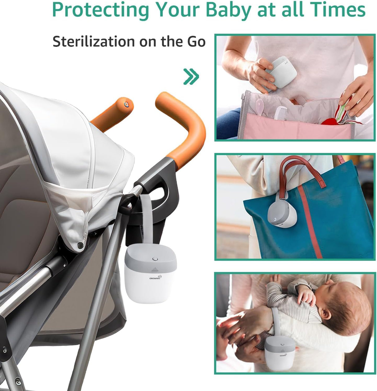 MiniPure UV Sanitizer attached to stroller, demonstrating portable baby hygiene on-the-go.