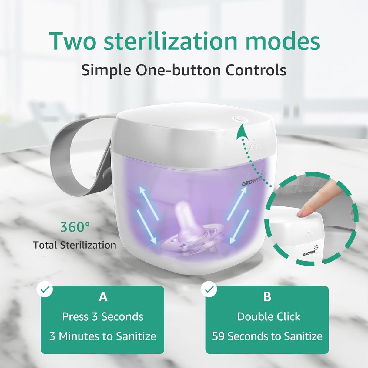GROWNSY MiniPure UV Sanitizer with pacifier inside, demonstrating 3 min & 59 sec sterilization modes via one-button controls.