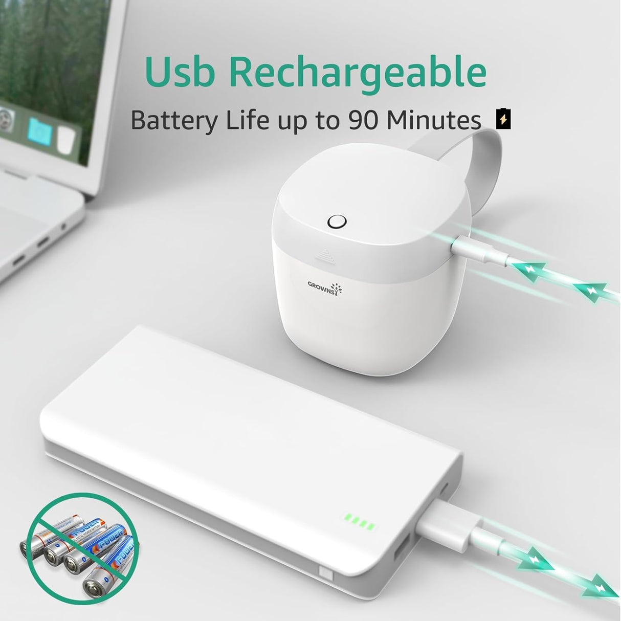 GROWNSY MiniPure UV Sanitizer charging via power bank, 90-min battery life. Laptop backdrop.