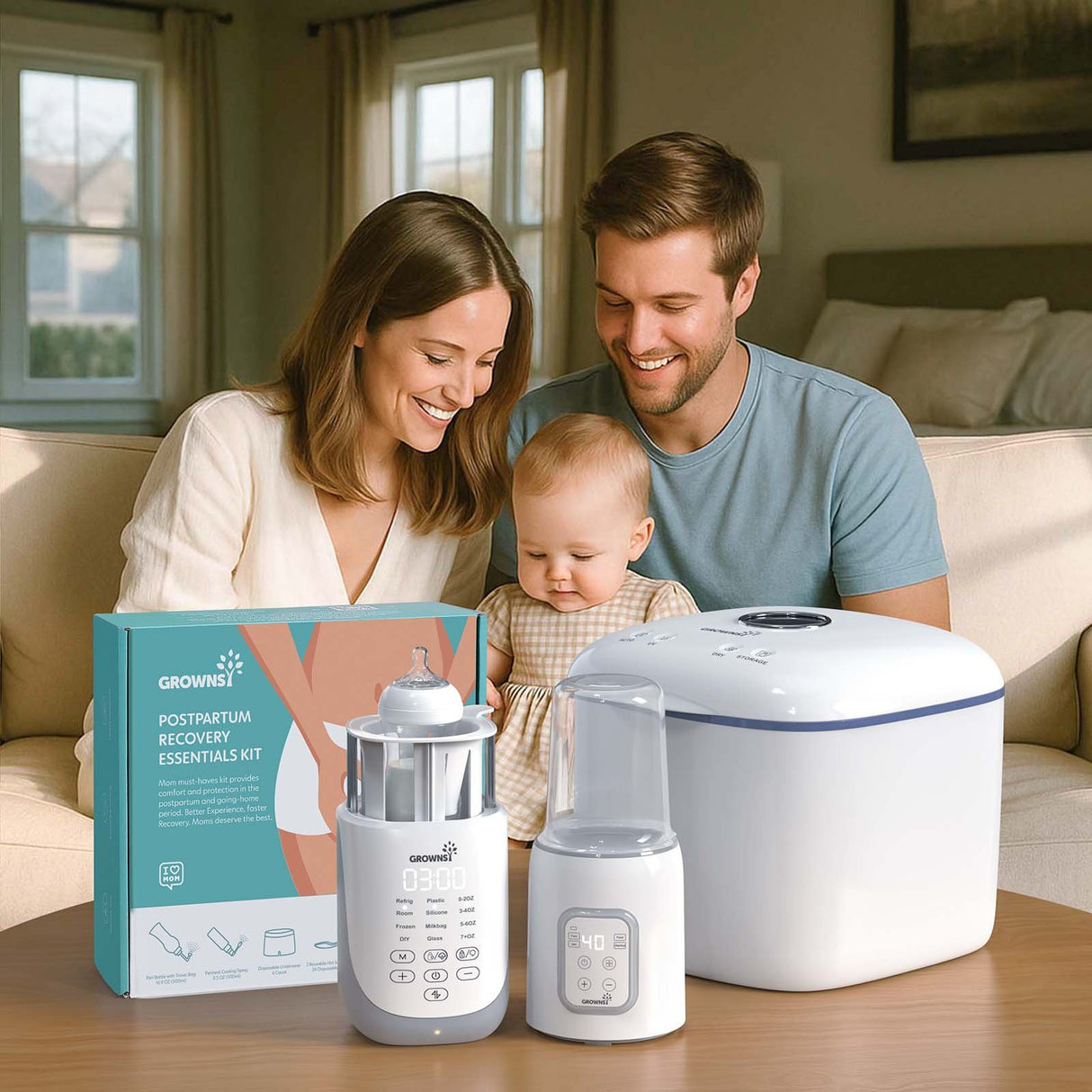 New Mom & Baby Care Set: postpartum essentials, bottle warmer, and sterilizer with happy parents and baby.