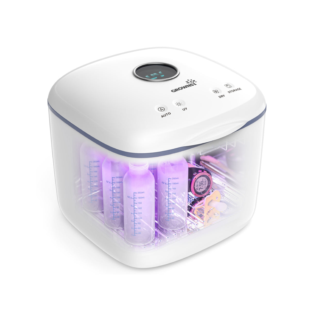 GROWNSY UV sanitizer showcasing internal capacity with baby bottles and small items being sanitized by purple UV light.