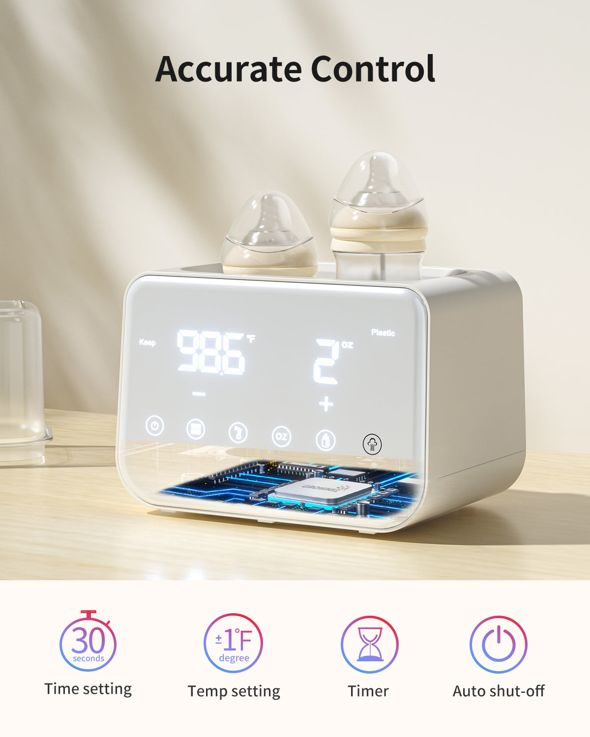 White double baby bottle warmer with digital display showing 98.6°F and timer functions for accurate temperature control.