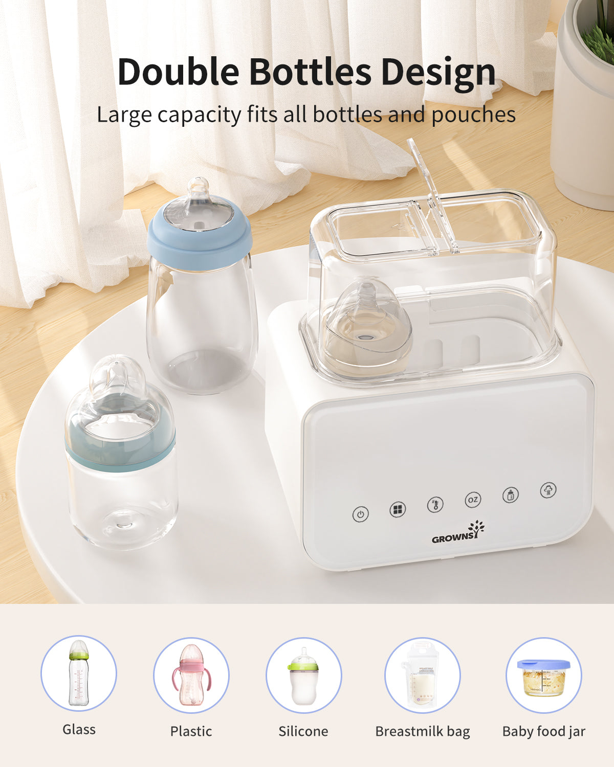 White 10-in-1 double baby bottle warmer with 2 bottles. Shows versatile bottle compatibility.
