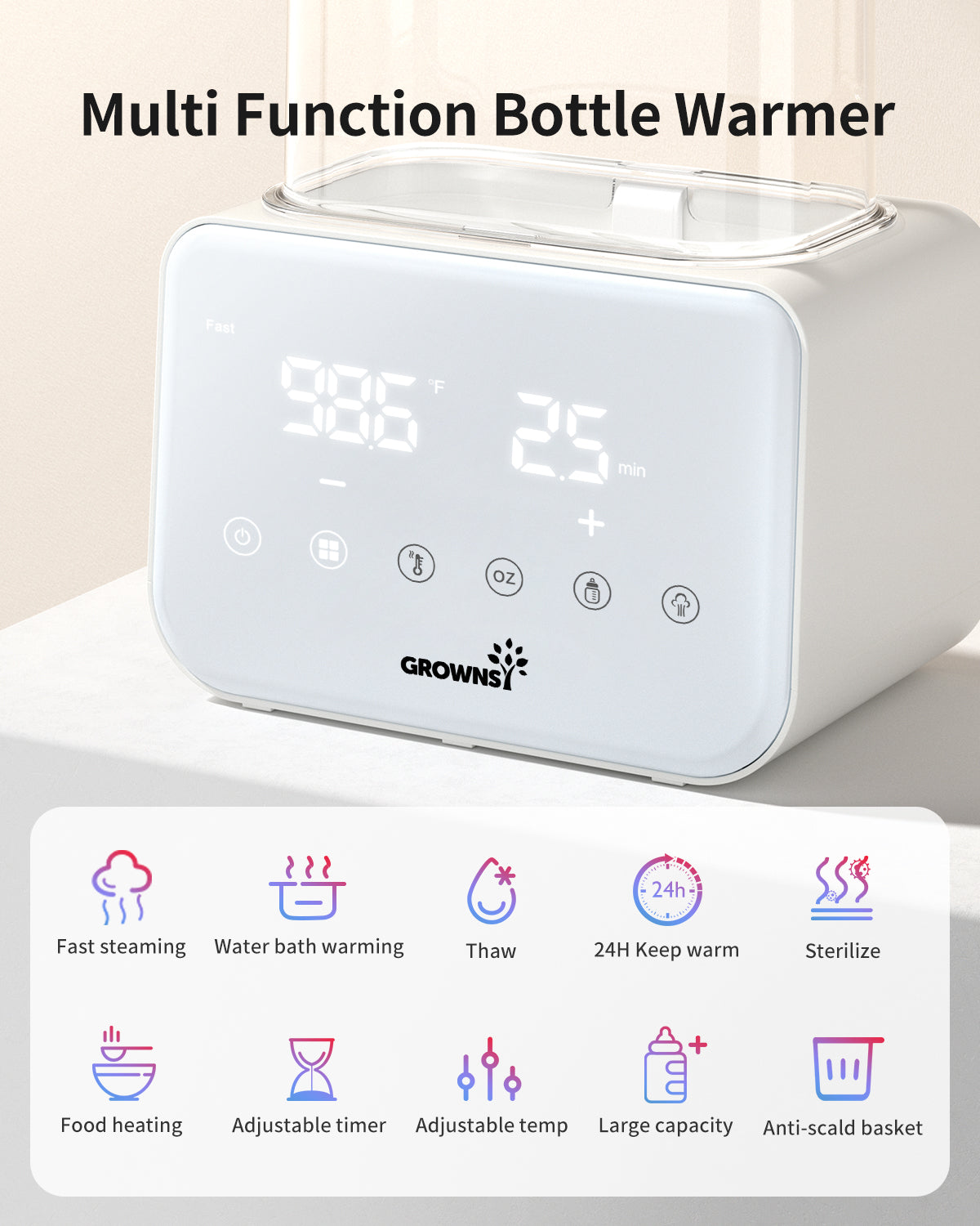 White 10-in-1 baby bottle warmer, digital display 98.6°F, 25 min. Features 10 functions: fast steam, temp control.