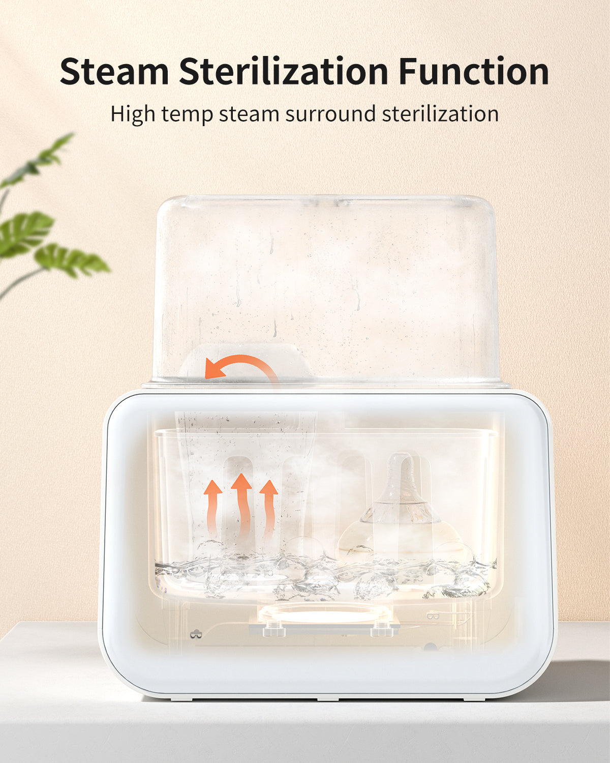 White 10-in-1 baby bottle warmer sterilizing baby bottles with steam, featuring high temp steam surround sterilization.