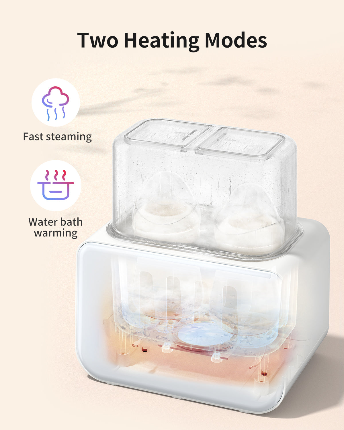 White 10-in-1 baby bottle warmer showing fast steaming and water bath warming modes, with dual bottle capacity.