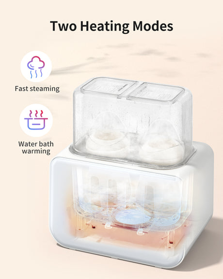 White 10-in-1 baby bottle warmer showing fast steaming and water bath warming modes, with dual bottle capacity.