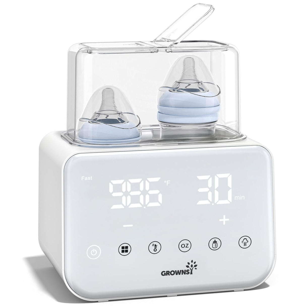 White 10-in-1 baby bottle warmer with dual bottle capacity, displaying 98.6°F and 30 min for fast, accurate milk warming.