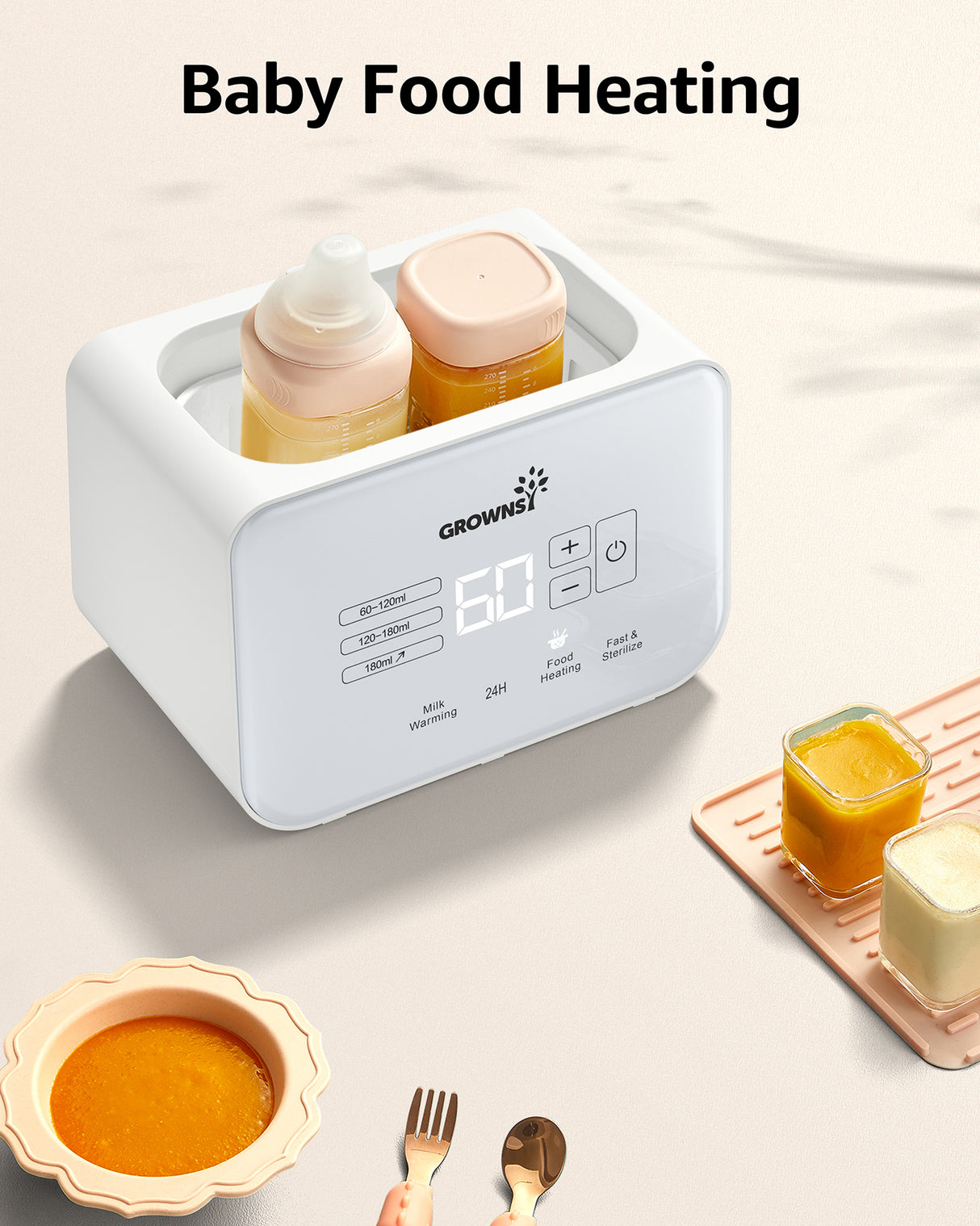 White 8-in-1 baby bottle warmer heating milk and food simultaneously, digital display showing timer.