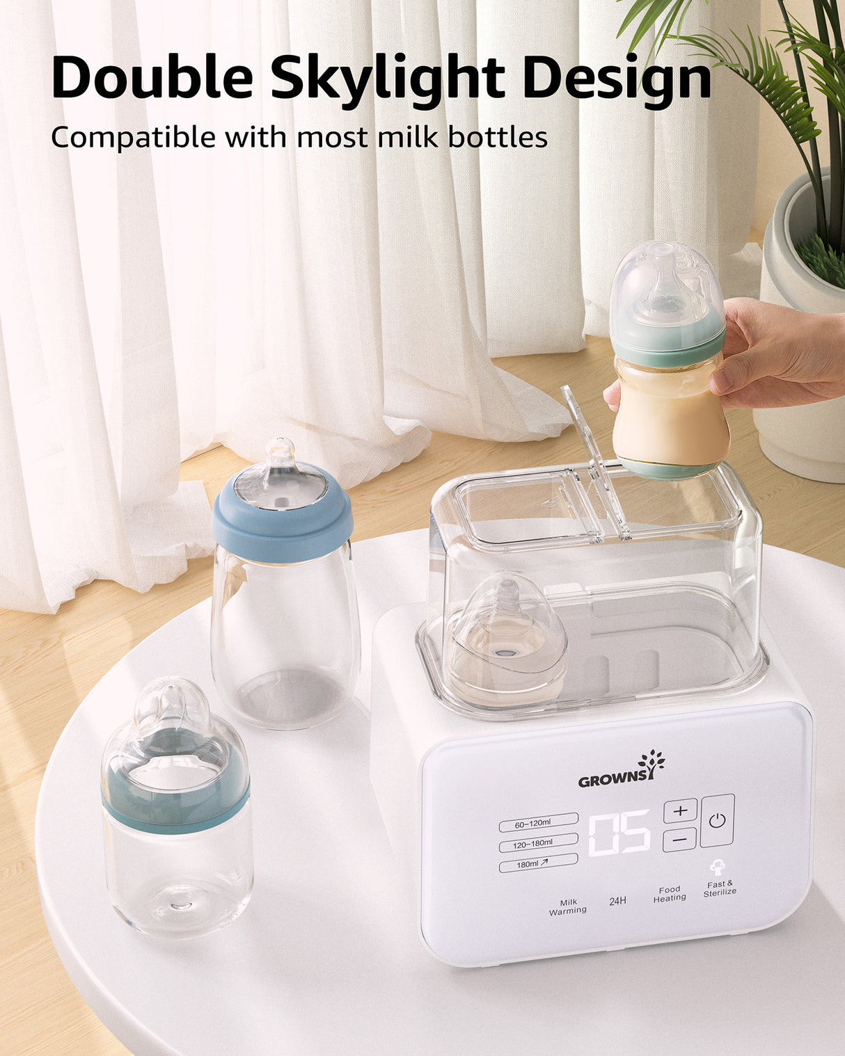 White 8-in-1 baby bottle warmer: dual compartments, digital display, compatible with most bottles, fast heating.