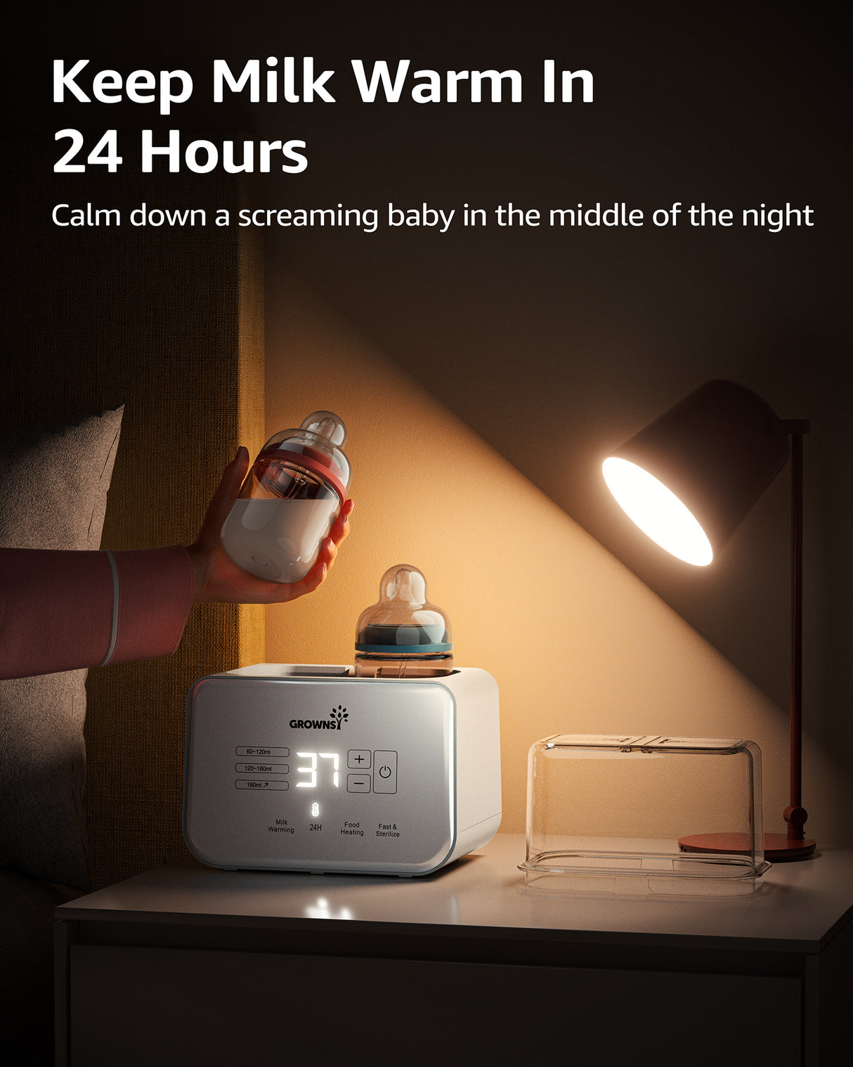8-in-1 baby bottle warmer keeps milk warm at 37 degrees for night feedings, showing timer and digital display.