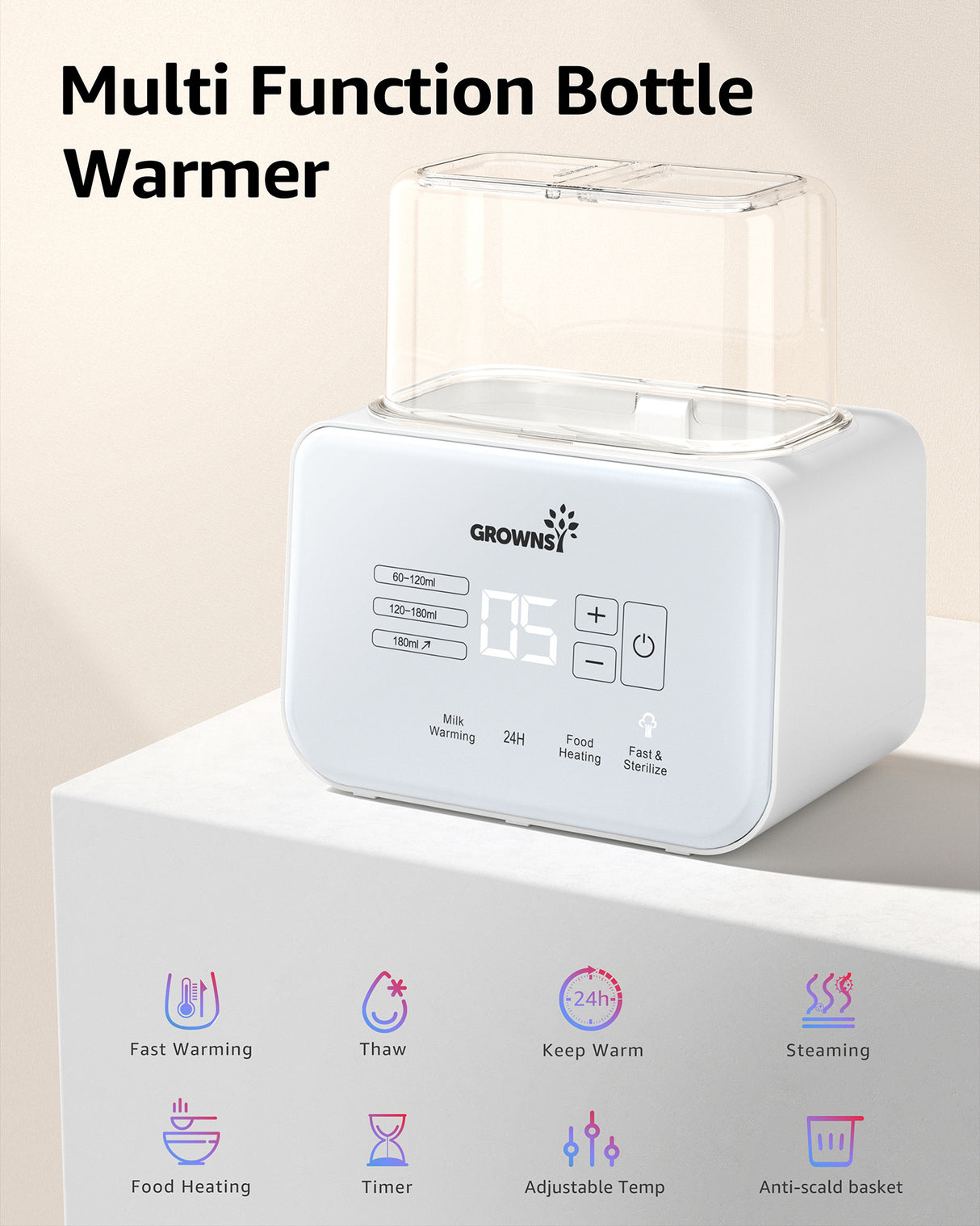White 8-in-1 baby bottle warmer with digital display. Functions: fast heat, thaw, keep warm, steam, food heat, timer.