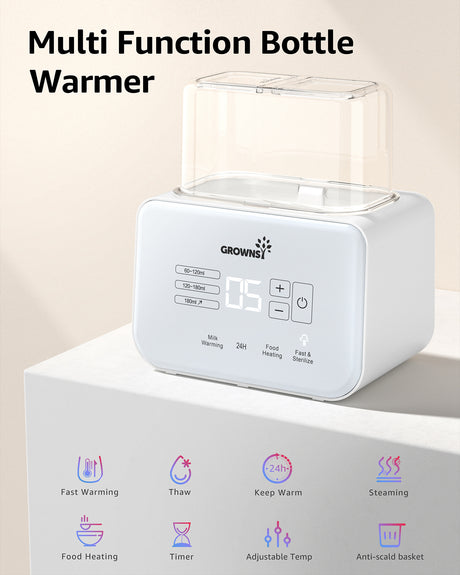 White 8-in-1 baby bottle warmer with digital display. Functions: fast heat, thaw, keep warm, steam, food heat, timer.