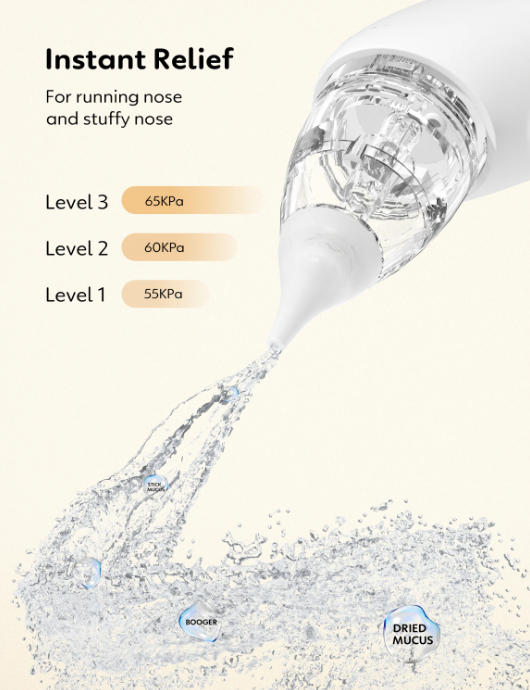 Nasal aspirator showing 3 suction levels clearing boogers and dried mucus for instant relief.