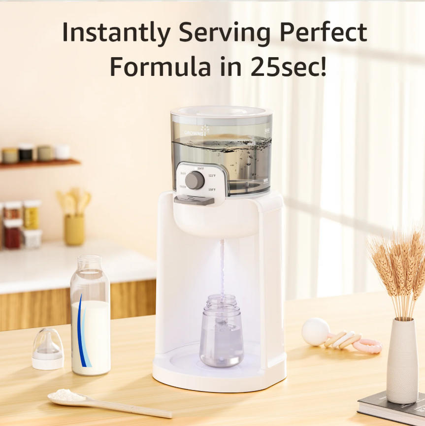 White baby bottle warmer instantly dispenses warm water into bottle for formula prep. Milk bottle & formula nearby.