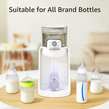 White instant baby bottle warmer dispensing water into bottle, compatible with all brands, shown with multiple baby bottles.