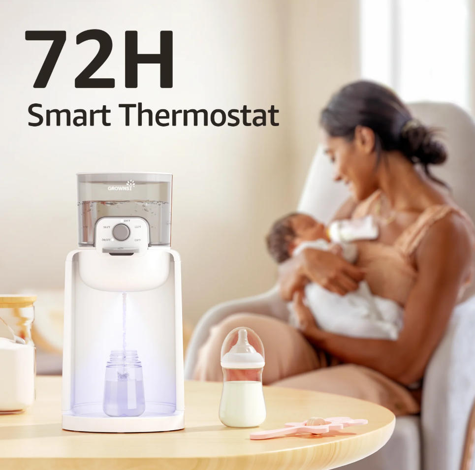 White instant baby bottle warmer with smart thermostat dispensing water for a mother feeding her baby. 72H temp maintenance.