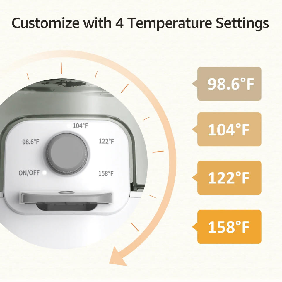White baby bottle warmer control panel displaying 4 temperature settings: 98.6°F, 104°F, 122°F, 158°F for instant warm water.