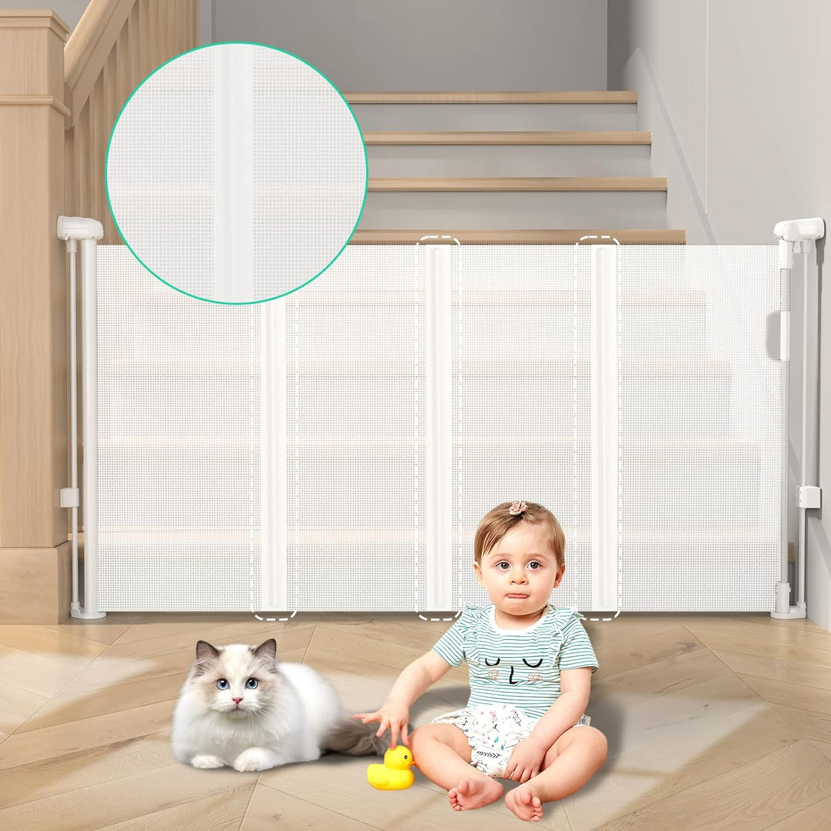 GROWNSY retractable baby gate at stairs with baby and cat, showing reinforced mesh detail.