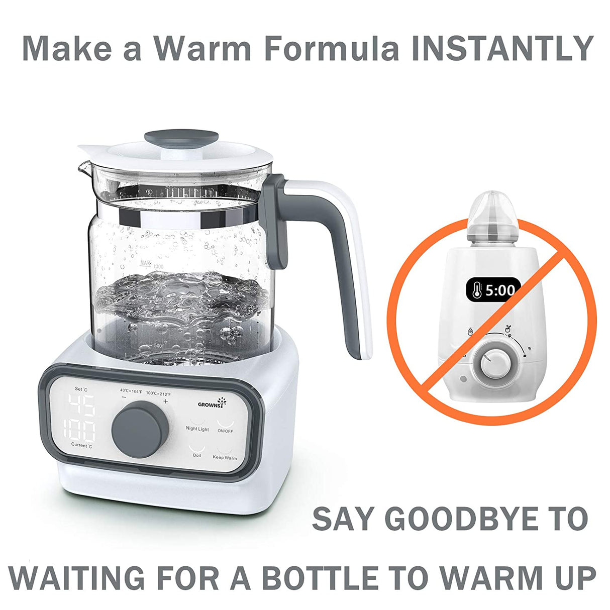 Grownsy white instant baby warmer with glass carafe, demonstrating fast formula preparation compared to slow traditional warmers.