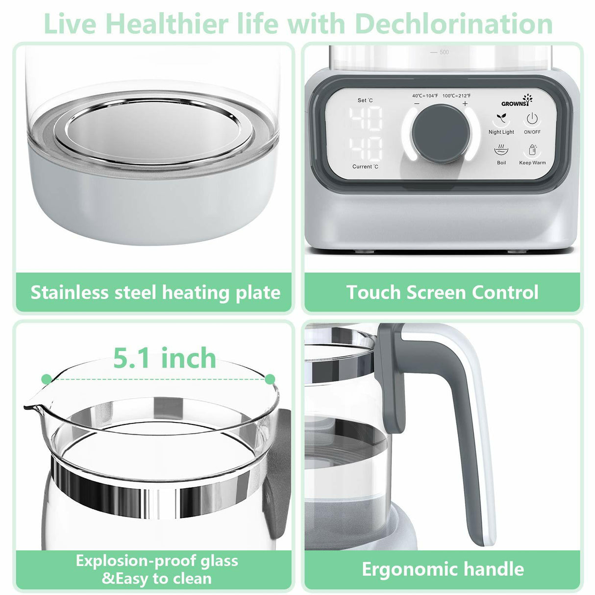 Grownsy white baby instant warmer: LCD touch screen, glass carafe, ergonomic handle, dechlorination feature.